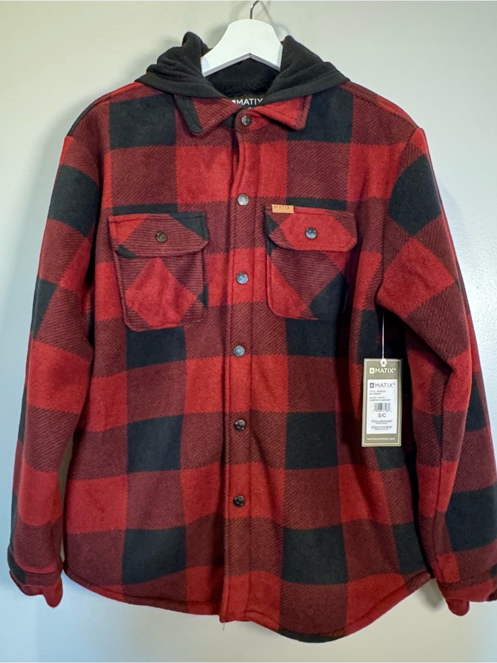 Matix Red and Black Buffalo Plaid Hooded Shirt Jacket size S , NWT